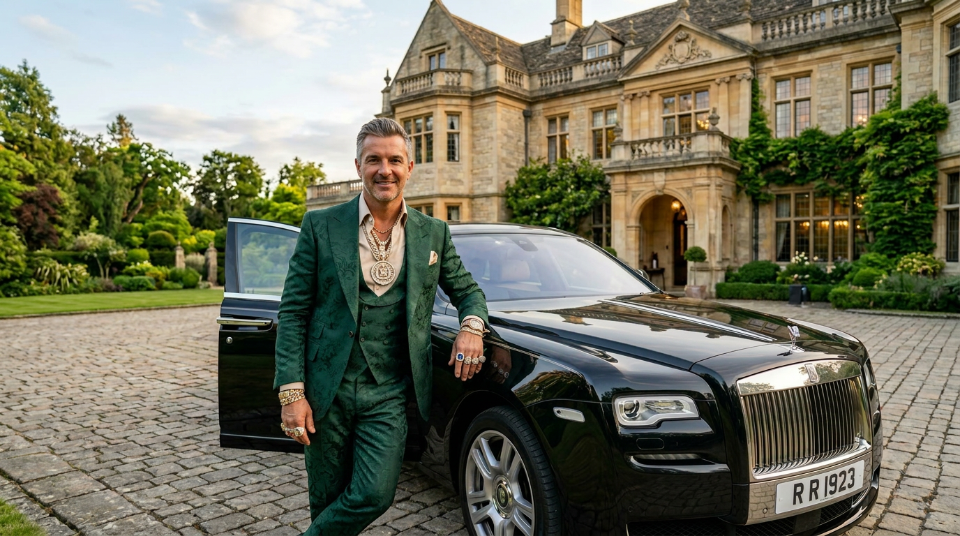 Persona europea junto coche lujo mansión jardines verdes