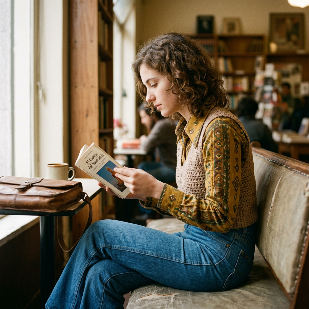 Young woman reading a book titled 'El Camino del Sadhaka' in a cozy cafe