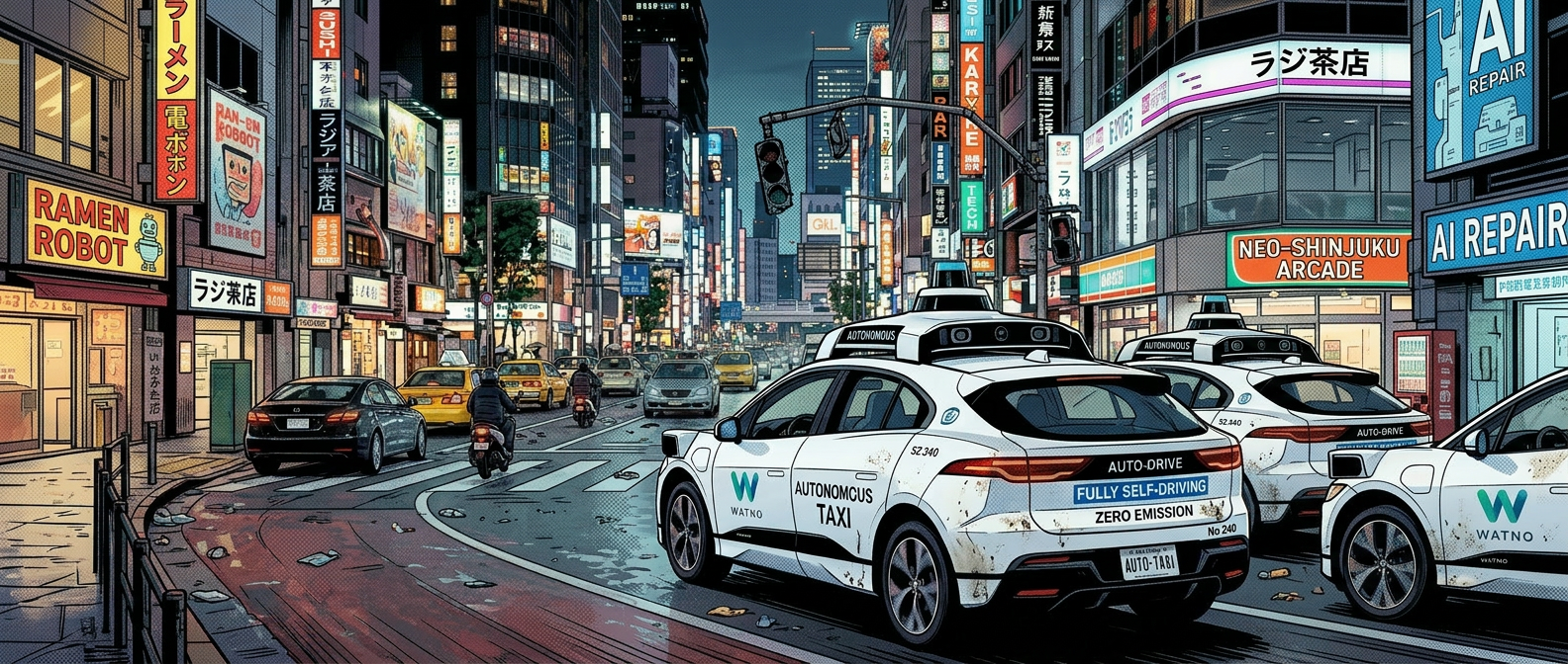 White autonomous taxi driving through a bustling city street at night with illuminated signs and other vehicles