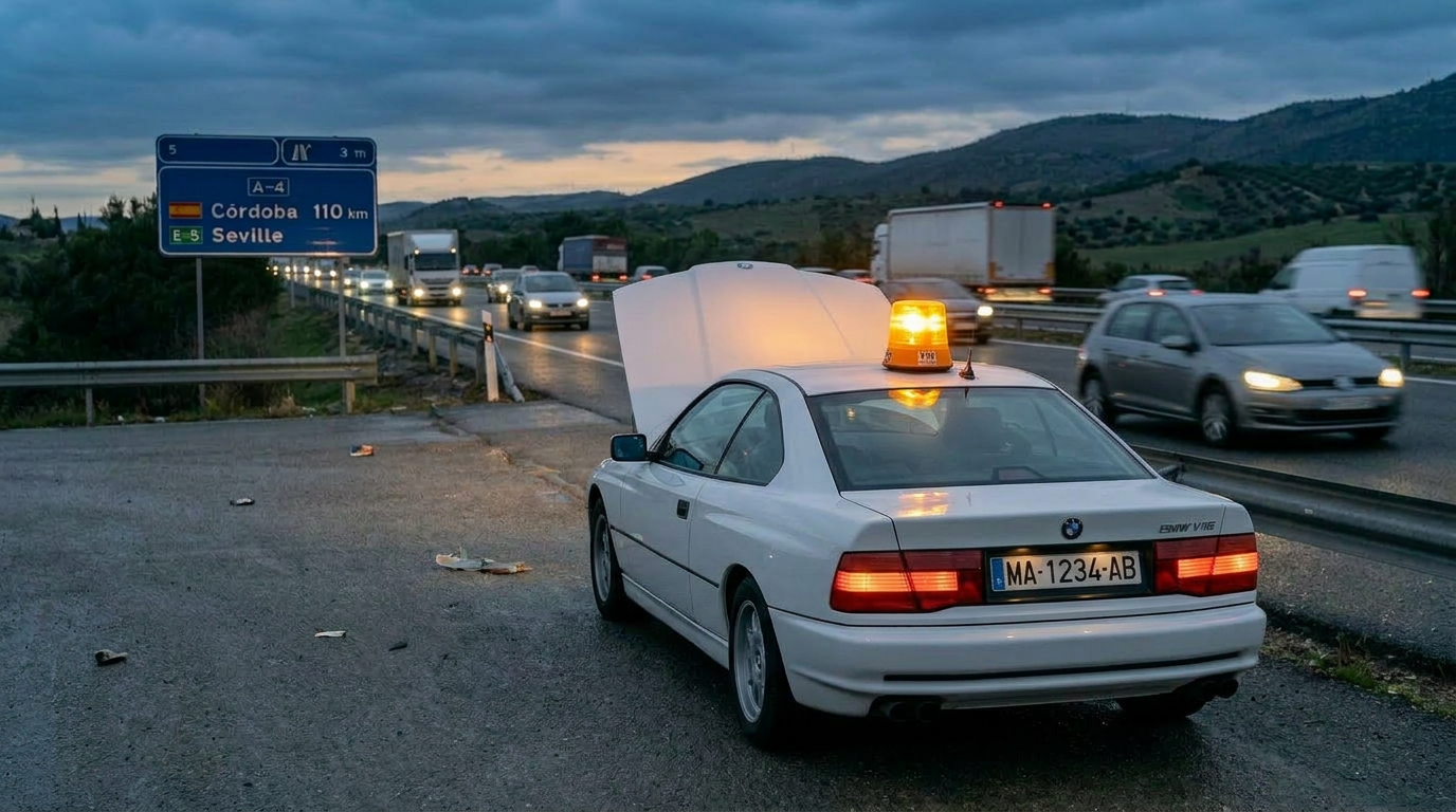 Volkswagen Golf parked on the side of a highway with a warning light on its roof and a road sign indicating Córdoba 110 km and Seville.