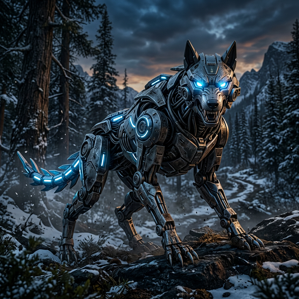 Robotic wolf with glowing blue eyes in snowy forest