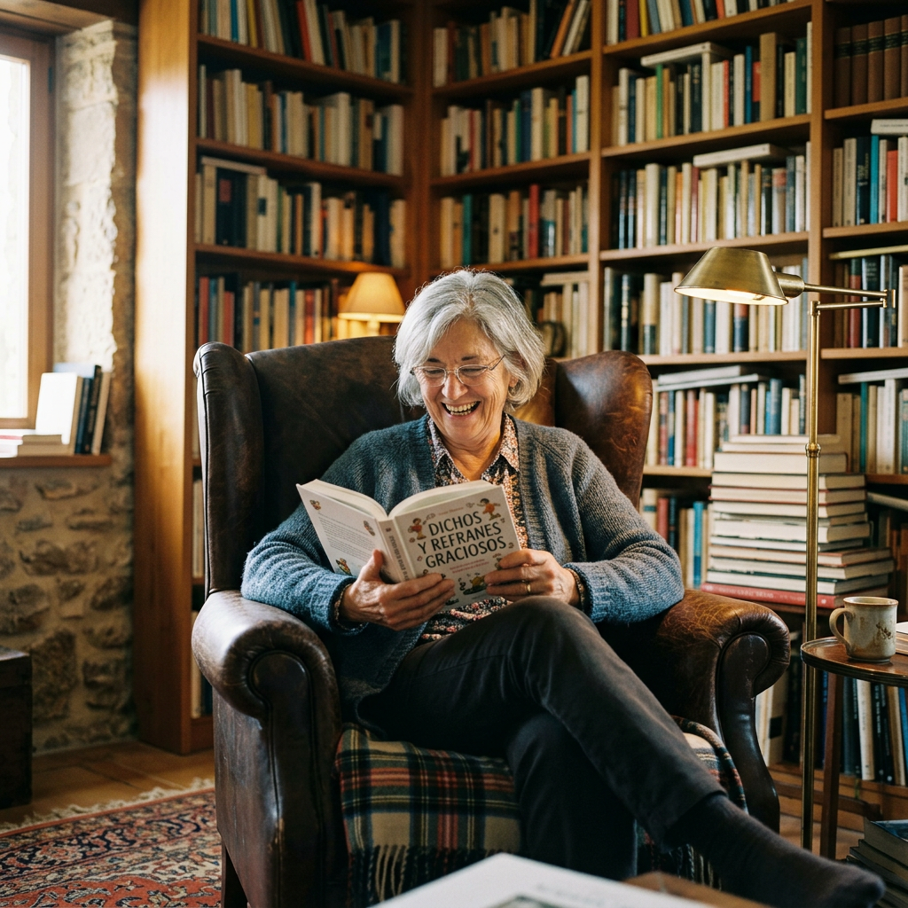 Older woman sitting in leather armchair laughing while reading a book titled 'Dichos y refranes graciosos' in a cozy room with bookshelves