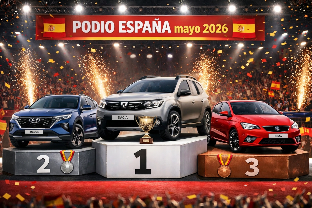 Three cars on winner's podium with trophies and Spain flags at car awards event 2026